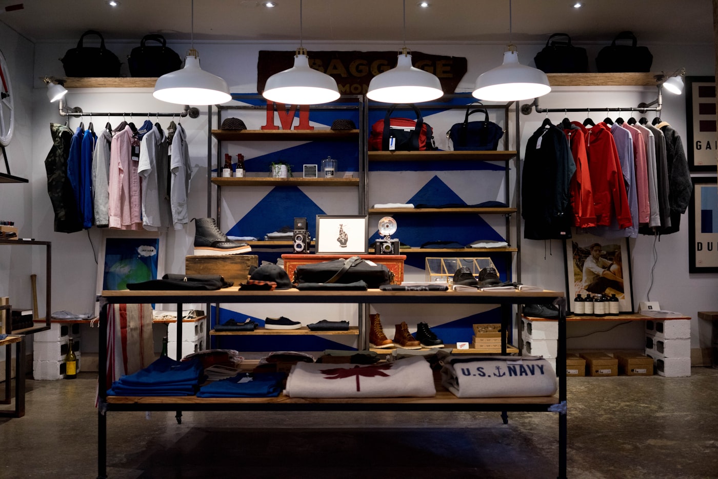 Retail store floor with garment racks